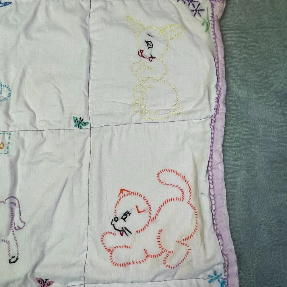 Vintage Baby Quilt Hand Embroidered Animals Pastel Crib Blanket‎ Handmade 36x30